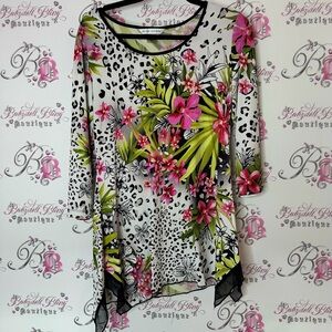 Peter Nygard too cheetah leopard tropical flowers Pink and Green Floral Blouse